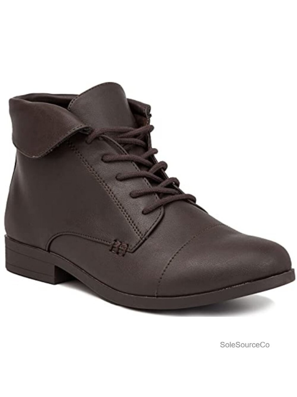 Ladies Lace Up Ankle Bootie with Cap Toe - Faux Leather Comfortable Low Heel